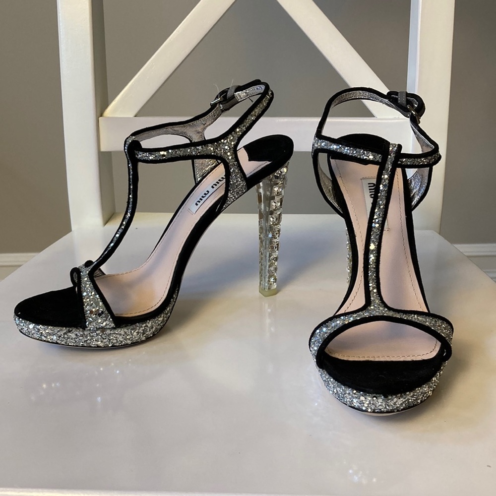 Miu Miu Silver Glitter Black Suede Leather Mary Jane Crystal Platform Heels 36.5